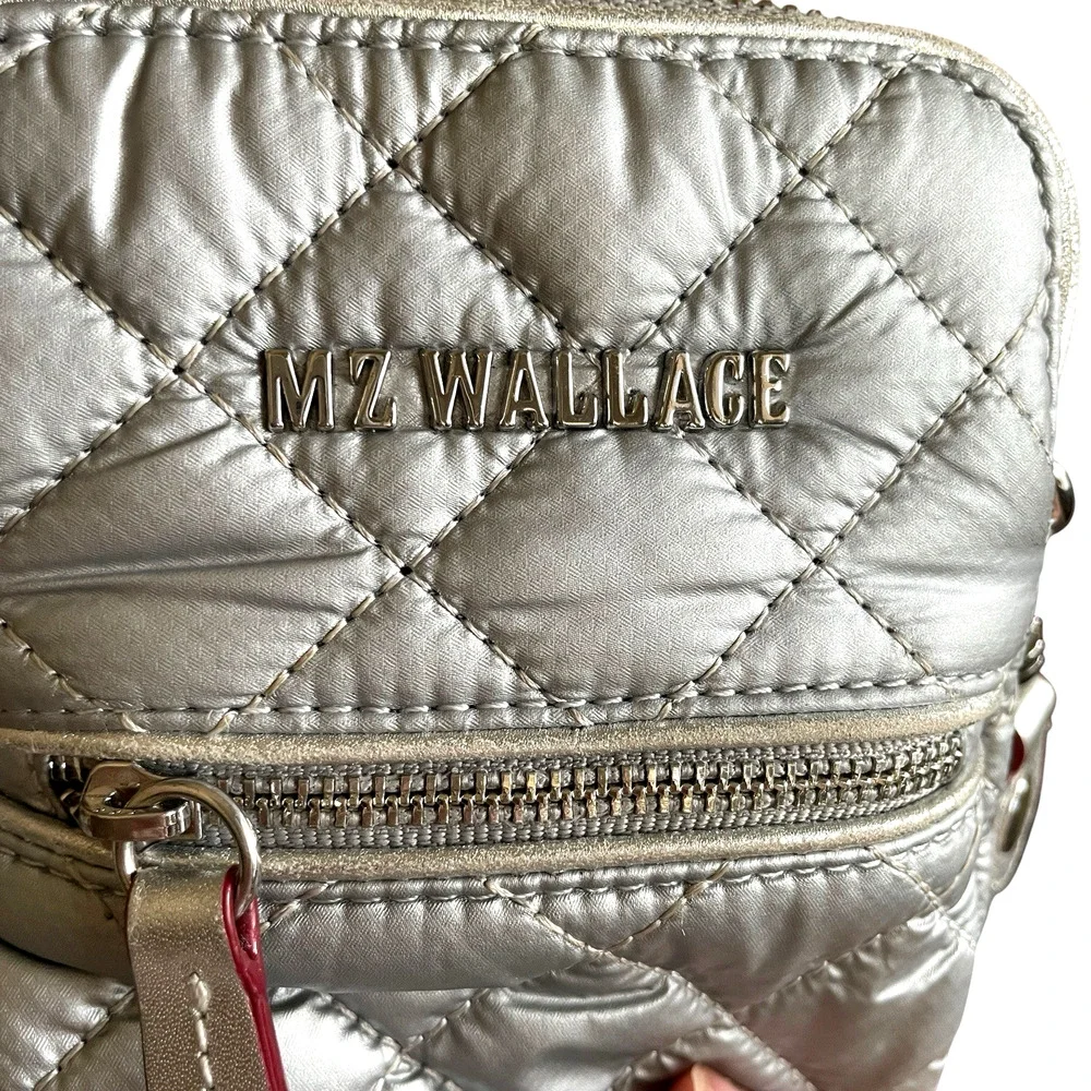 MZ WALLACE Micro Crosby Women's Silver Quilted Crossbody Bag Top Zip Nylon Strap - Picture 8 of 8